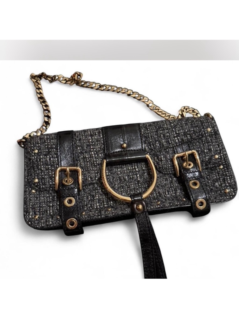 Black Tweed Chain Shoulder Bag with Gold Hardware